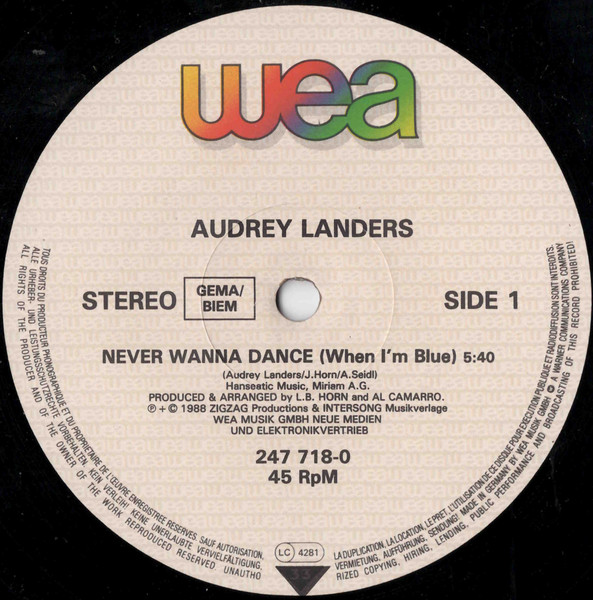 Cover zu Audrey Landers - Never Wanna Dance (When I'm Blue) | 1988 | Vinyl, Stereo, 12