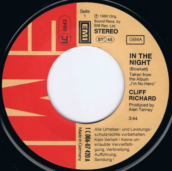 Cover zu Cliff Richard - In The Night | 1980 | Vinyl, Stereo, 45 RPM, 7