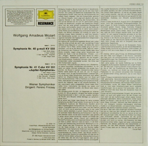 Cover zu Wolfgang Amadeus Mozart - Ferenc Fricsay, Wiener Symphoniker - Symphonien Nr.40 + 41 »Jupiter« | 1974 | Vinyl, LP, Reissue | Classical | Germany