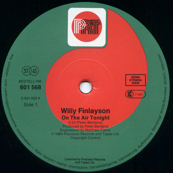 Cover zu Willy Finlayson - On The Air Tonight | 1984 | Vinyl, 12