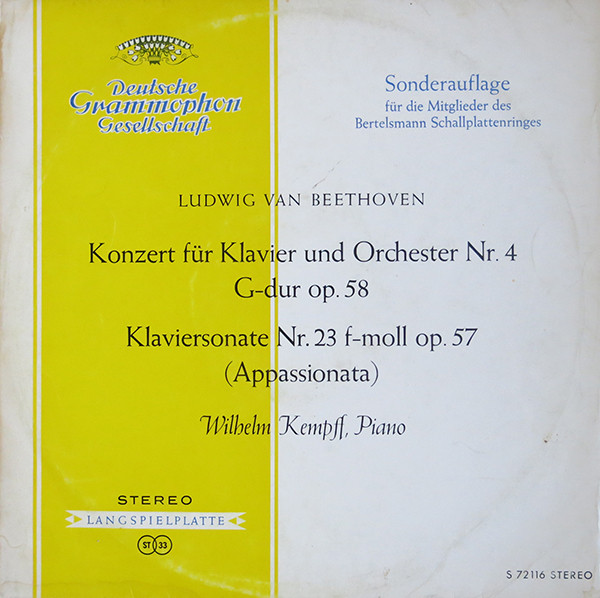 Bild Ludwig Van Beethoven, Wilhelm Kempff – Konzert Für Klavier Und Orchester Nr. 4 G-dur Op. 58 / Klaviersonate Nr. 23 F-moll Op. 57 (Appassionata) | Vinyl, LP, Reissue, Club Edition | Classical Schallplatten Ankauf