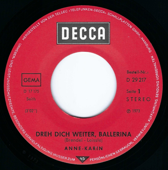 Cover zu Anne Karin - Dreh Dich Weiter, Ballerina | 1973 | Vinyl, Stereo, 45 RPM, 7