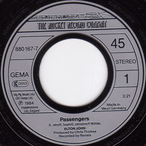 Cover zu Elton John - Passengers | 1984 | Vinyl, Stereo, 45 RPM, 7