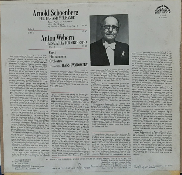 Cover zu Arnold Schoenberg, Anton Webern, The Czech Philharmonic Orchestra, Hans Swarowsky - Pelleas And Melisande / Passacaglia For Orchestra | Vinyl, LP | Classical | Czechoslovakia