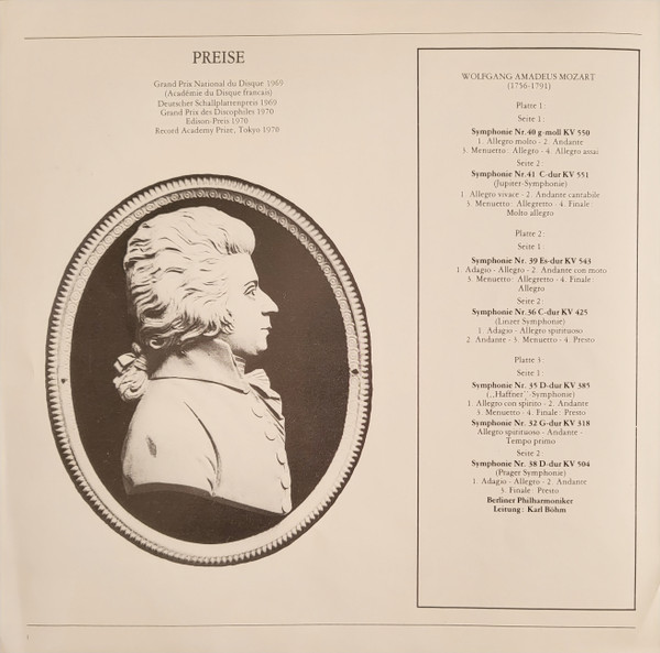 Cover zu Wolfgang Amadeus Mozart - Karl Böhm / Berliner Philharmoniker - Die Sechs Großen Symphonien | 1975 | Vinyl, LP, Compilation, Box Set | Classical | Italy