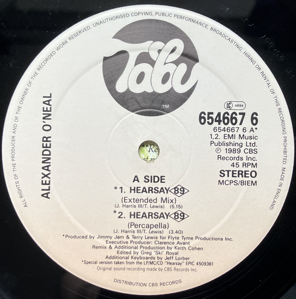 Cover zu Alexander O'Neal - Hearsay '89 (Extended Mix) | 1989 | Vinyl, 12