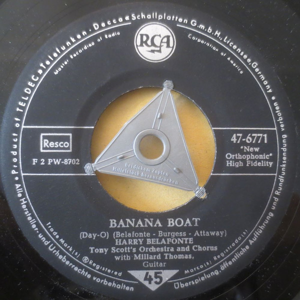 Bild Harry Belafonte, Tony Scott And His Orchestra And Chorus With Millard Thomas – Banana Boat | 1956 | Vinyl, 45 RPM, 7″, Single, Mono | Reggae | Germany Schallplatten Ankauf