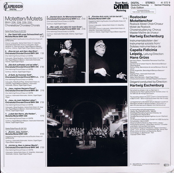 Cover zu Johann Sebastian Bach, Rostocker Motettenchor, Hartwig Eschenburg, Capella Fidicinia, Hans Grüß - Motetten BWV 226 • 228 • 229 • 230 / Choräle | 1984 | Vinyl, LP, Club Edition | Classical