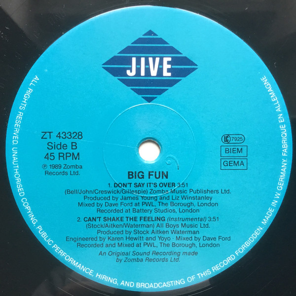 Cover zu Big Fun - Can't Shake The Feeling | 1989 | Vinyl, 12