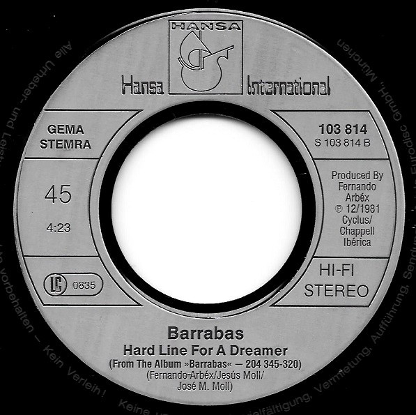 Cover zu Barrabas - On The Road Again / Hard Line For A Dreamer | 1981 | Vinyl, Stereo, 45 RPM, 7