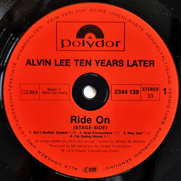 Cover zu Alvin Lee, Ten Years Later - Ride On | 1979 | Vinyl, LP, Album, Stereo | Rock, Blues | Germany