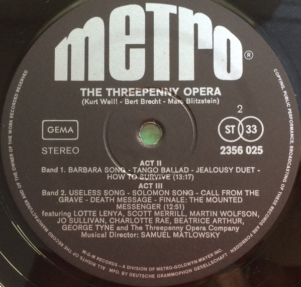 Cover zu Lotte Lenya, Scott Merrill, Martin Wolfson, Jo Sullivan (2), Charlotte Rae, Beatrice Arthur, George Tyne, Samuel Matlowsky - The Threepenny Opera | Classical, Stage & Screen