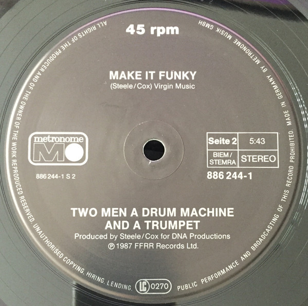 Cover zu 2 Men A Drum Machine And A Trumpet - Tired Of Getting Pushed Around | 1987 | Vinyl, Stereo, 12