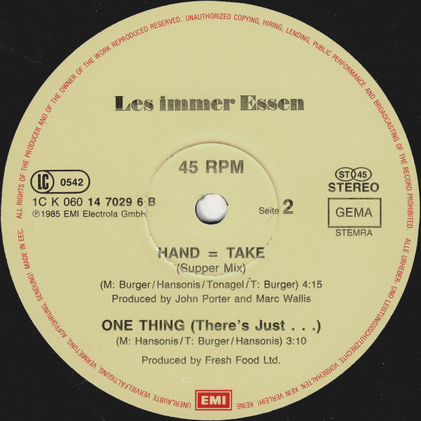 Cover zu Les Immer Essen - Hand = Take (Extended Version-Mix) | 1985 | Vinyl, Stereo, 12