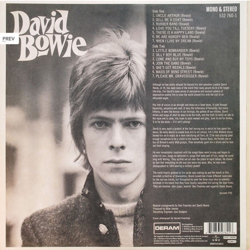 Cover zu David Bowie - David Bowie | 2010 | Vinyl, LP, Album, Stereo, Reissue, Remastered, All Media, Mono, RE, RM, 180 + LP | Rock | Europe
