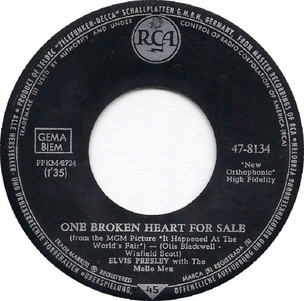 Cover zu Elvis Presley - One Broken Heart For Sale | 1963 | Vinyl, 45 RPM, 7