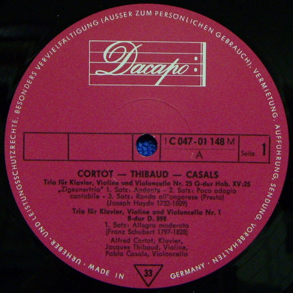Cover zu Alfred Cortot ▪ Jacques Thibaud ▪ Pablo Casals - Joseph Haydn / Franz Schubert - Trio G-Dur Hob. XV: 25 / Trio B-Dur D. 898 | Vinyl, LP, Mono, Reissue | Classical | Germany