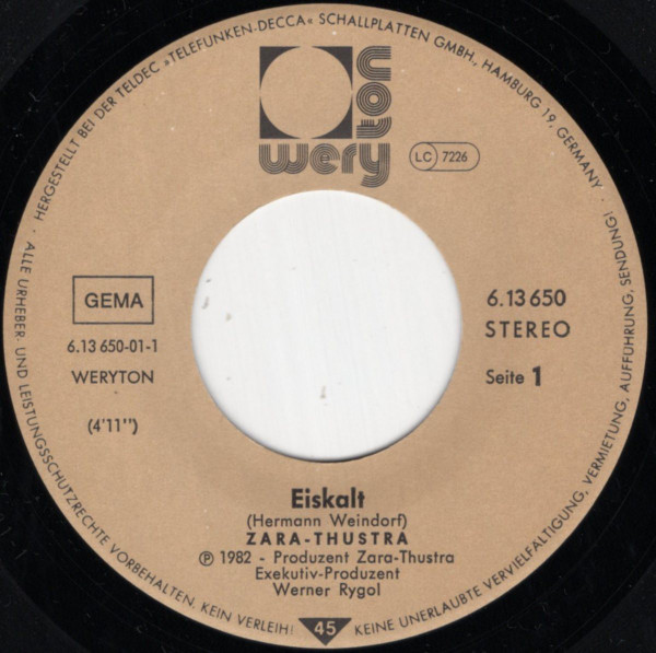Cover zu Zara-Thustra - Eiskalt | 1982 | Vinyl, Stereo, 45 RPM, 7