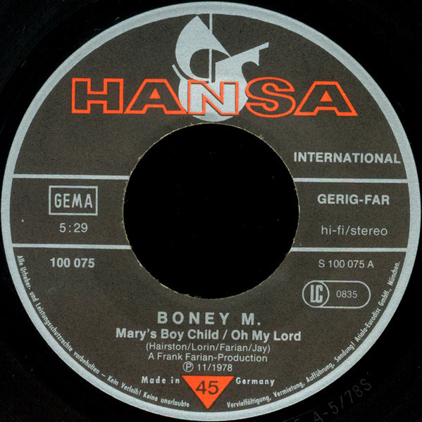 Cover zu Boney M. - Mary's Boy Child / Oh My Lord | 1978 | Vinyl, Stereo, 45 RPM, 7