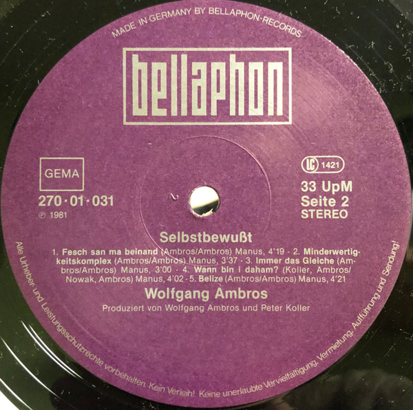Cover zu Wolfgang Ambros, Die No. 1 Vom Wienerwald - Selbstbewusst | 1981 | Vinyl, LP, Album, Stereo | Rock, Pop | Germany
