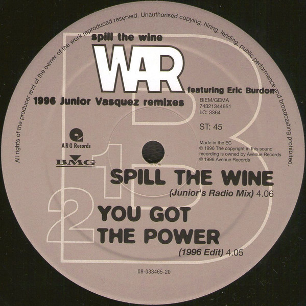 Cover zu War Featuring Eric Burdon - Spill The Wine (1996 Junior Vasquez Remixes) | 1996 | Vinyl, Stereo, 12