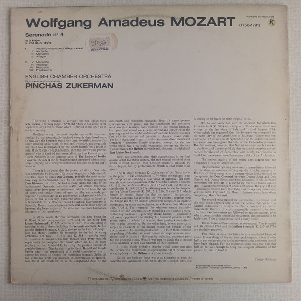 Cover zu Wolfgang Amadeus Mozart, Pinchas Zukerman, English Chamber Orchestra - Serenade N° 4 In D Major / D-Dur / En Ré, K.203 | 1975 | Vinyl, LP, Album, Stereo | Classical | Europe