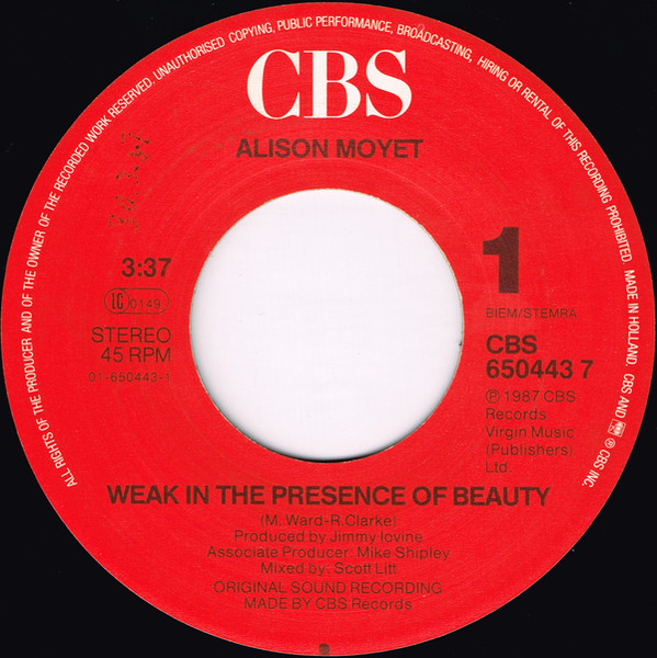 Cover zu Alison Moyet - Weak In The Presence Of Beauty | 1987 | Vinyl, Stereo, 45 RPM, 7