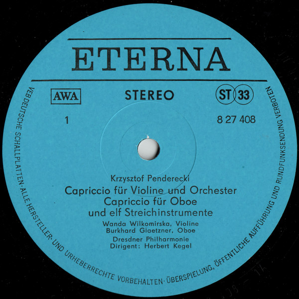 Cover zu Krzysztof Penderecki - Wanda Wilkomirska, Burkhard Glaetzner, Dresdner Philharmonie, Rundfunk-Sinfonie-Orchester Leipzig, Herbert Kegel - Capriccio Für Violine Und Orchester / Capriccio Für
