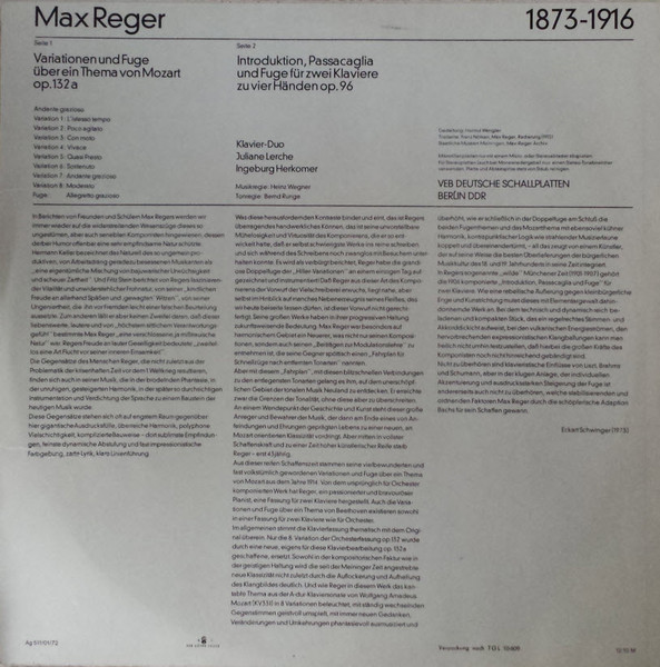 Bild Max Reger, Juliane Lerche, Ingeborg Herkomer – Mozart-Variationen Op. 132a / Introduktion, Passacaglia Und Fuge Op.96 | Vinyl, LP, Stereo | Classical | German Democratic Republic (GDR) Schallplatten Ankauf