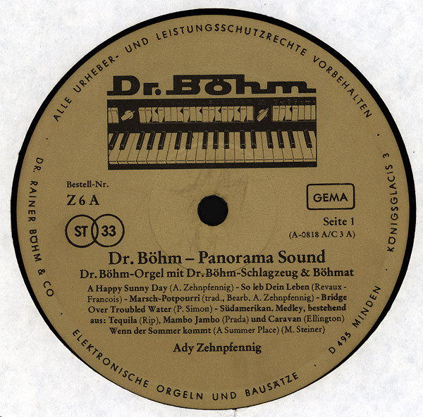 Cover zu Ady Zehnpfennig - Dr. Böhm Panorama-Sound (Orgel Electronic-Play-Backs) | 1971 | Vinyl, LP, Album | Jazz, Latin, Funk / Soul, Folk, World, & Country, Stage & Screen | Germany