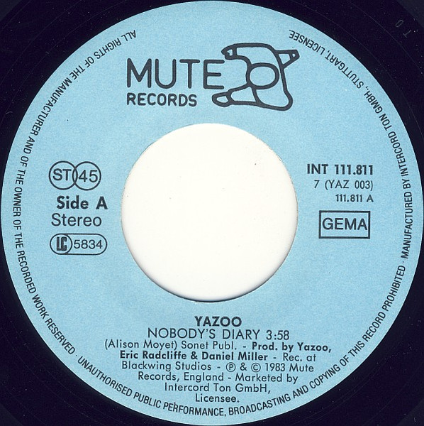 Cover zu Yazoo - Nobody's Diary | 1983 | Vinyl, Stereo, 45 RPM, 7