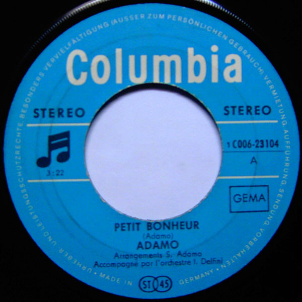 Cover zu Adamo - Petit Bonheur / Mon Cinema | 1969 | Vinyl, Stereo, 45 RPM, 7