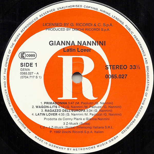 Cover zu Gianna Nannini - Latin Lover | 1982 | Vinyl, LP, Album, Stereo | Rock | Germany