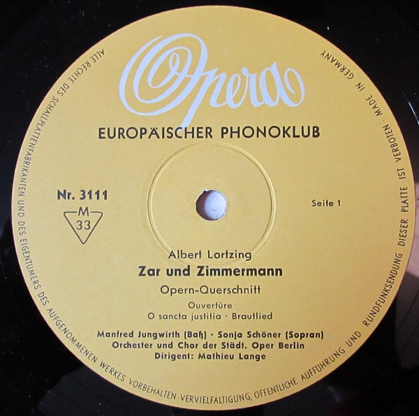 Cover zu Albert Lortzing, Orchester Der Städtischen Oper Berlin, Chor Der Städtischen Oper Berlin, Carl Mathieu Lange - Zar Und Zimmermann Opern-Querschnitt | 1956 | Vinyl, 10