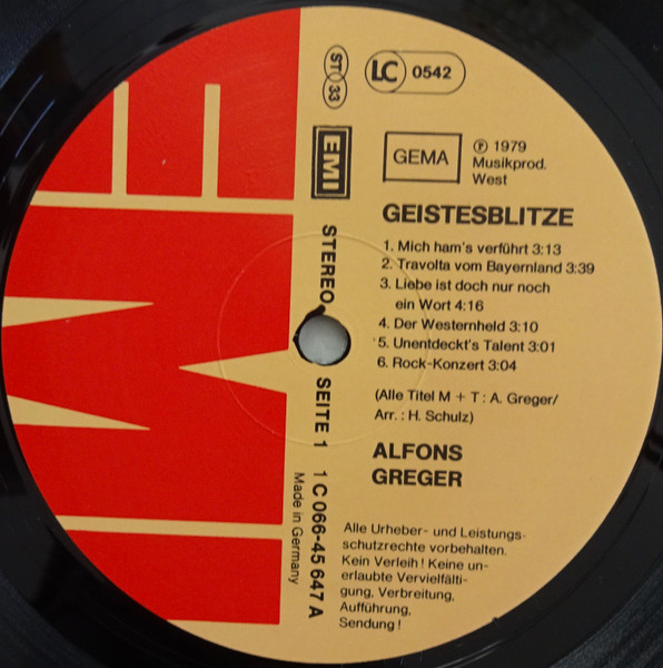 Cover zu Alfons Greger - Geistesblitze | 1979 | Vinyl, LP, Album, Stereo | Rock, Folk, World, & Country | Germany