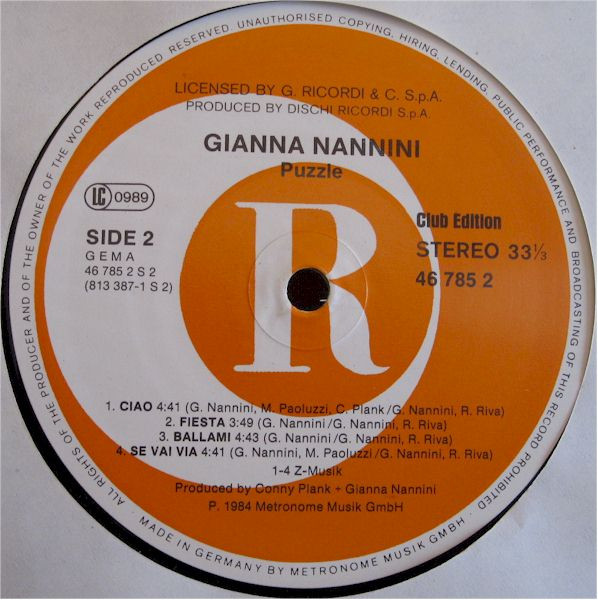 Cover zu Gianna Nannini - Puzzle | Vinyl, LP, Album, Club Edition | Rock | Germany