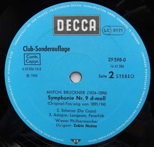 Cover zu Anton Bruckner - Zubin Mehta, Wiener Philharmoniker - Symphony Nr. 9 (Originalfassung) | Vinyl, LP, Stereo, Reissue | Classical | Germany