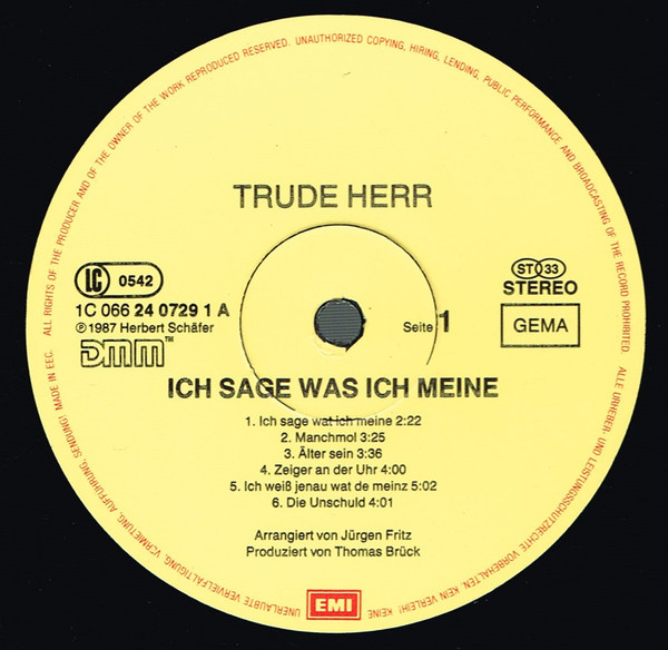 Cover zu Trude Herr - Ich Sage Was Ich Meine | 1987 | Vinyl, LP, Album | Rock, Pop | Germany