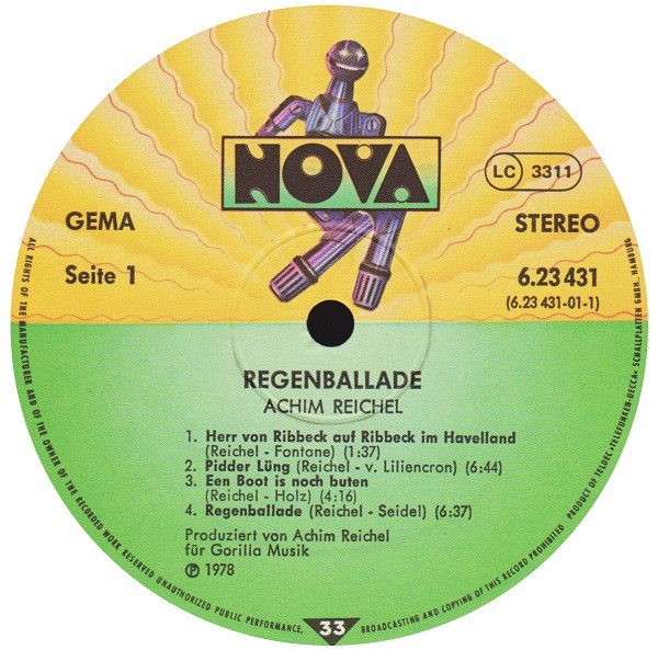 Cover zu Achim Reichel - Regenballade | 1978 | Vinyl, LP, Album, Stereo | Rock, Folk, World, & Country | Germany