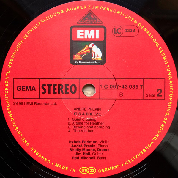 Cover zu Itzhak Perlman, André Previn, Shelly Manne, Jim Hall, Red Mitchell - It's A Breeze | Vinyl, LP, Album, Stereo | Jazz, Classical | Germany
