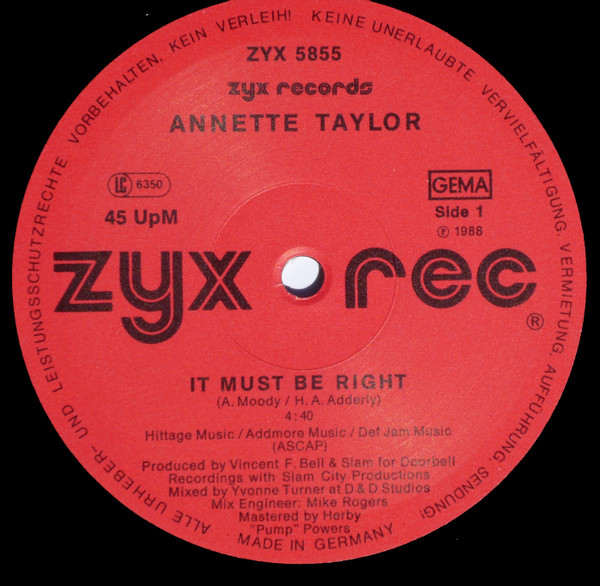 Cover zu Annette Taylor - It Must Be Right | 1988 | Vinyl, 12