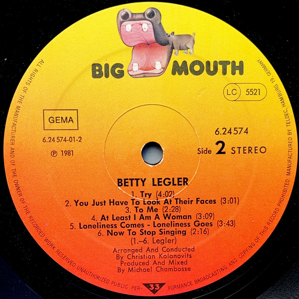Cover zu Betty Legler - Betty Legler | 1981 | Vinyl, LP, Album, Stereo | Rock | Germany, Austria, & Switzerland