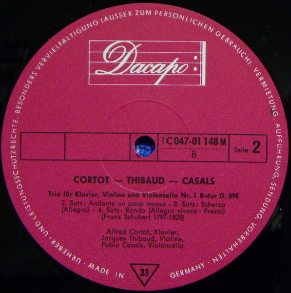 Cover zu Alfred Cortot ▪ Jacques Thibaud ▪ Pablo Casals - Joseph Haydn / Franz Schubert - Trio G-Dur Hob. XV: 25 / Trio B-Dur D. 898 | Vinyl, LP, Mono, Reissue | Classical | Germany