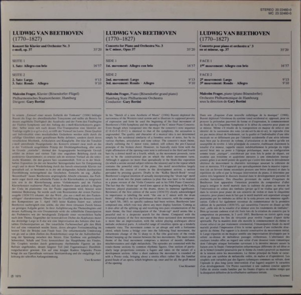 Cover zu Ludwig van Beethoven, Malcolm Frager, Philharmonisches Staatsorchester Hamburg, Gary Bertini - Konzert Für Klavier Und Orchester Nr. 3, C-moll, Op.37 | LP