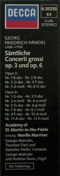 Cover zu Georg Friedrich Händel, The Academy Of St. Martin-in-the-Fields, Sir Neville Marriner - Sämtliche Concerti Grossi Op. 3+6 | Vinyl, LP, Stereo, Box Set | Classical | Germany