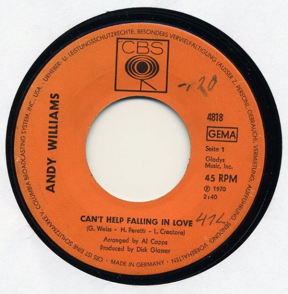 Cover zu Andy Williams - Can't Help Falling In Love | 1970 | Vinyl, 45 RPM, 7