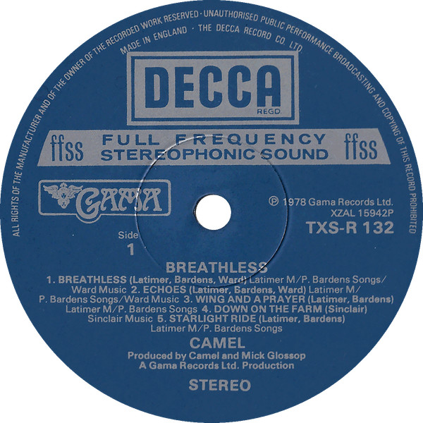 Cover zu Camel - Breathless | 1978 | Vinyl, LP, Album, Stereo | Rock | UK