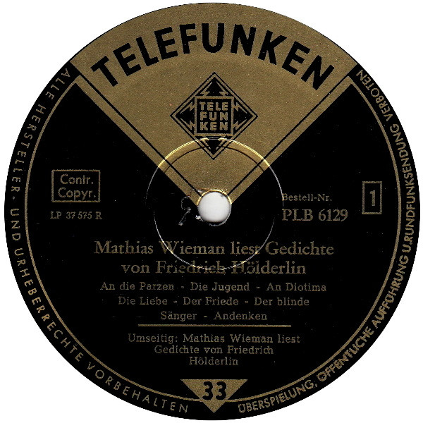 Cover zu Friedrich Hölderlin | Sprecher: Mathias Wieman - Mathias Wieman Liest Gedichte Von Friedrich Hölderlin | Vinyl, LP, Album, 10