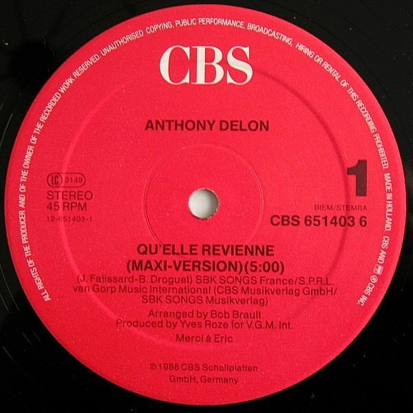 Cover zu Anthony Delon - Qu'Elle Revienne (Komm Zurück) | 1988 | Vinyl, 12