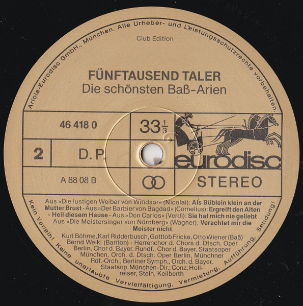 Cover zu Gottlob Frick, Karl Ridderbusch, Kurt Böhme, Otto Wiener - Fünftausend Taler - Die Schönsten Baß-Arien | Vinyl, LP, Stereo, Club Edition, Compilation | Classical